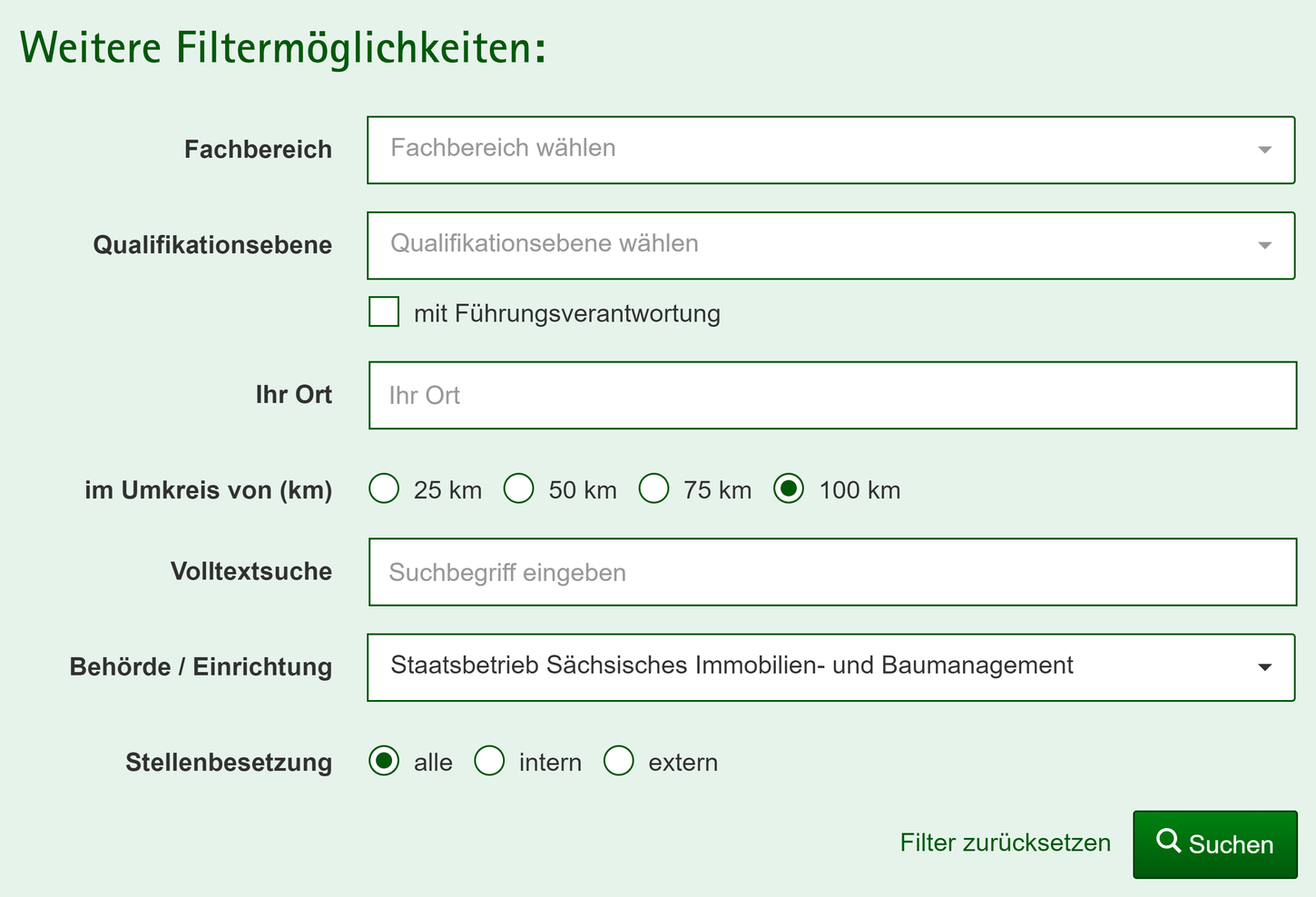 Auf der Seite Karriere Sachsen können Stellenanzeigen nach Kriterien wie Fachbereich, Qualifikationsebene, Standort oder Behörde gefiltert werden.